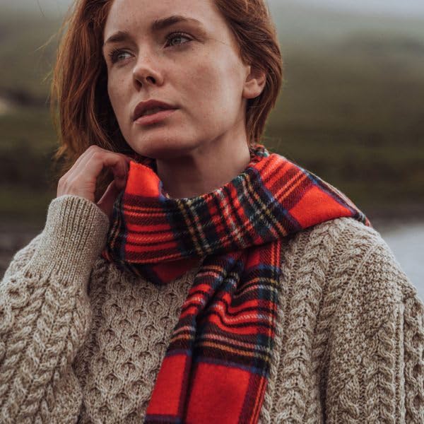 100% Irish Wool Scarf -  Red Royal Stewart Tartan Plaid, 12" x 71", Made in Ireland