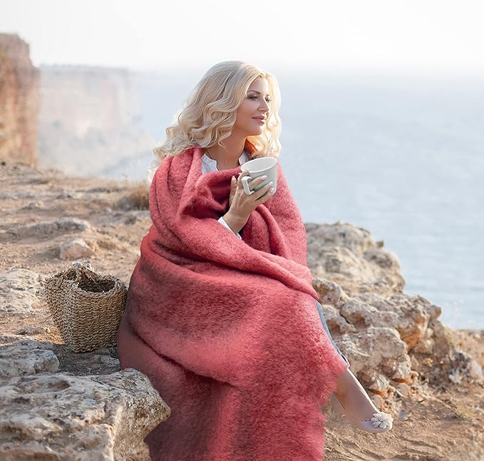 Irish Mohair Throw Blanket – Solid Pink, 70% Mohair Wool Blend (54" x 72"), Made in Ireland