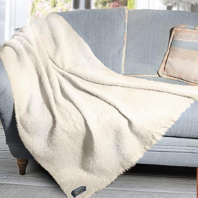 Irish Mohair Throw Blanket – Solid White, 70% Mohair Wool Blend (54" x 72"), Made in Ireland