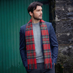 100% Irish Wool Scarf -  Red Royal Stewart Tartan Plaid, 12