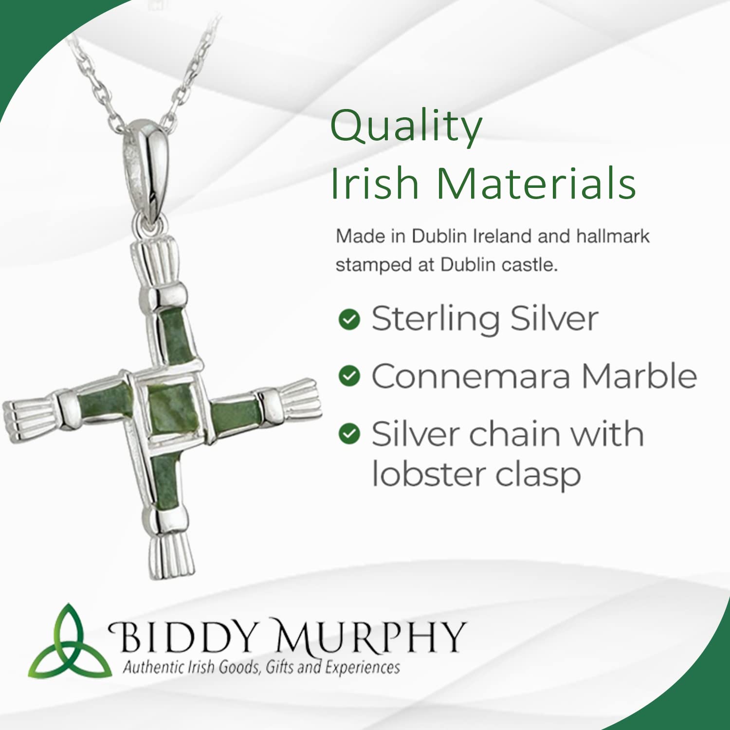 St. Brigid's Cross Pendant: Sterling Silver & Connemara Marble Necklace