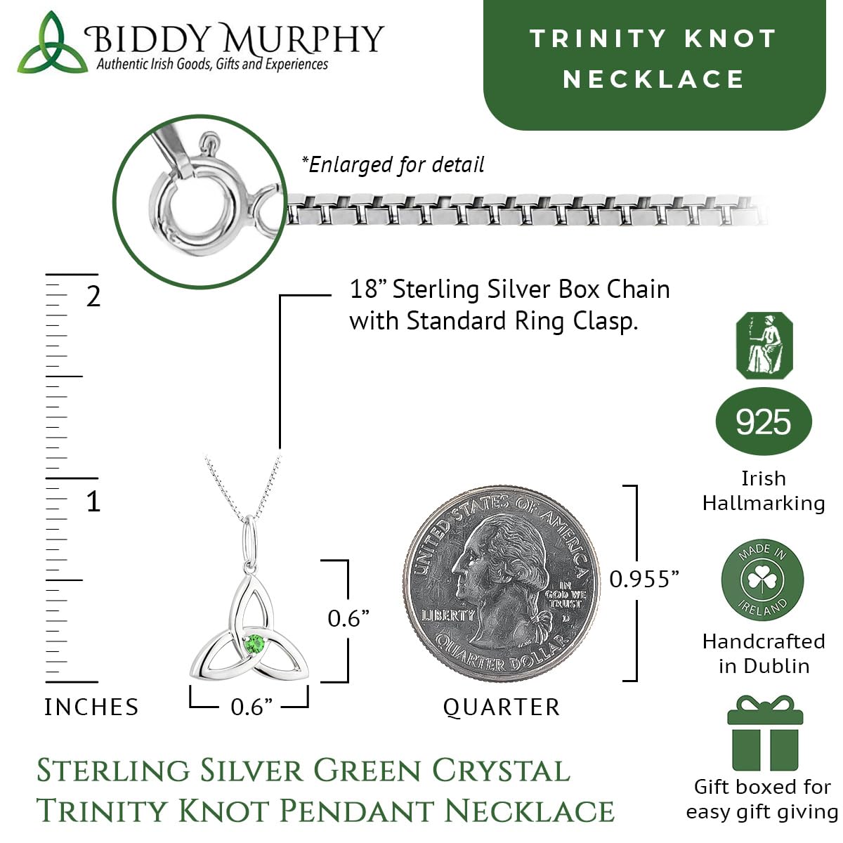 Irish Sterling Silver Green Crystal Trinity Knot Pendant Necklace for Women - 18" Chain