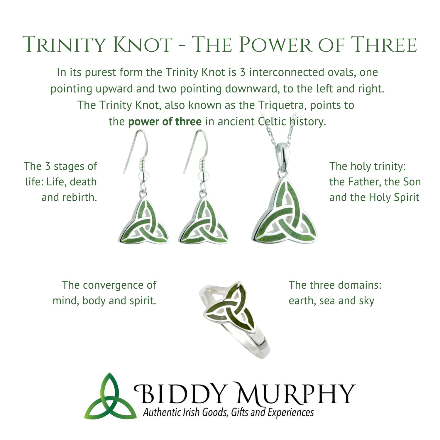 Irish Sterling Silver Green Crystal Trinity Knot Pendant Necklace for Women - 18" Chain
