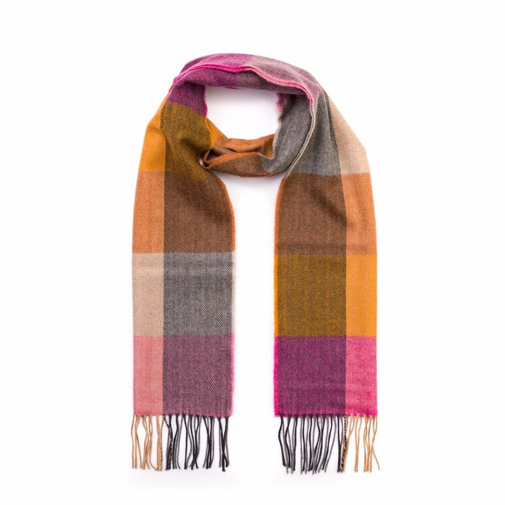 100% Brushed Merino Wool Scarf - Beige Rust Pink Tartan Plaid, 12" x 71", Made in Ireland