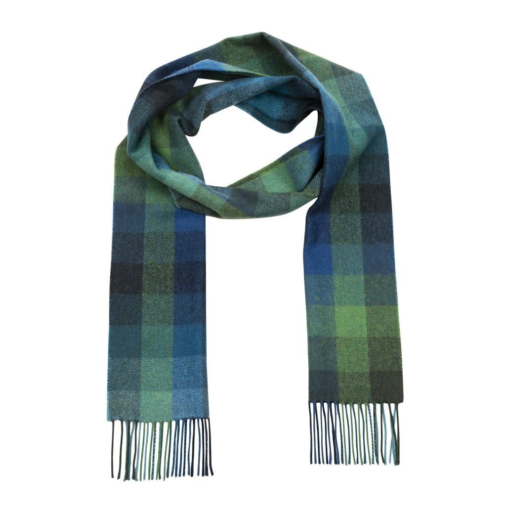 100% Irish Wool Scarf - Turquoise Green Blue Block Tartan Plaid, 9" x 78", Made in Ireland