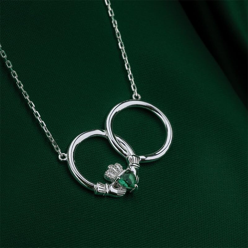 Women's Sterling Silver Claddagh Necklace with Green Crystal Heart