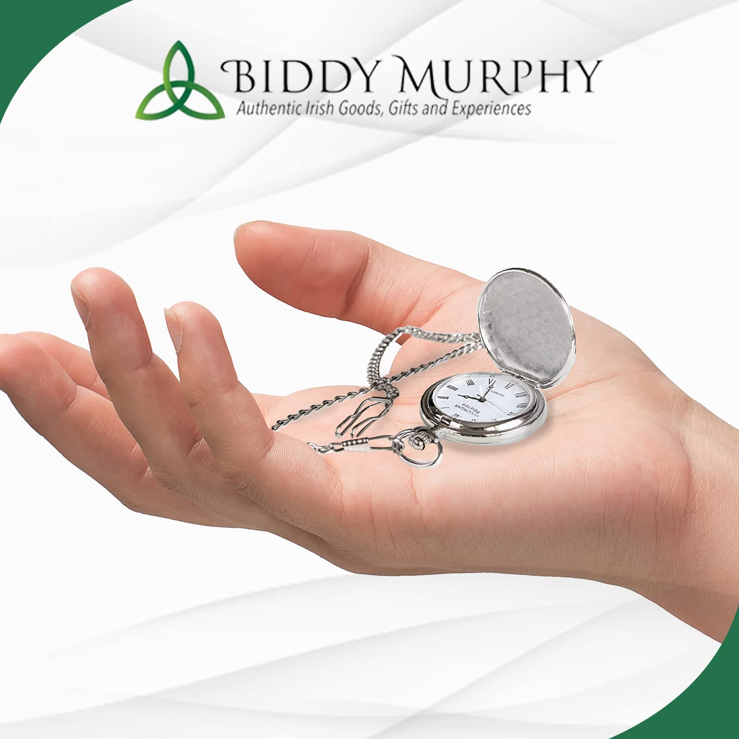 Irish Shamrock Pocket Watch – Pewter Medallion, Stainless Steel Case & Chain