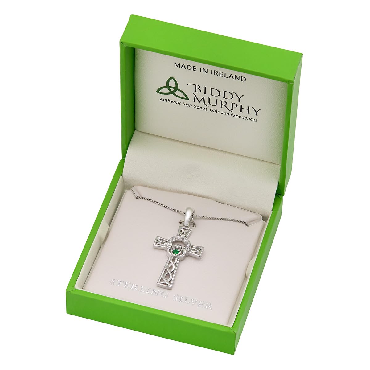 Sterling Silver Irish Claddagh Celtic Cross Necklace with Green Crystal