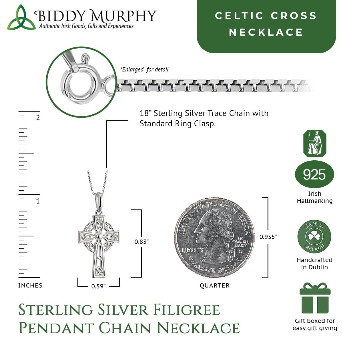 Sterling Silver Irish Filigree Celtic Cross Pendant Necklace