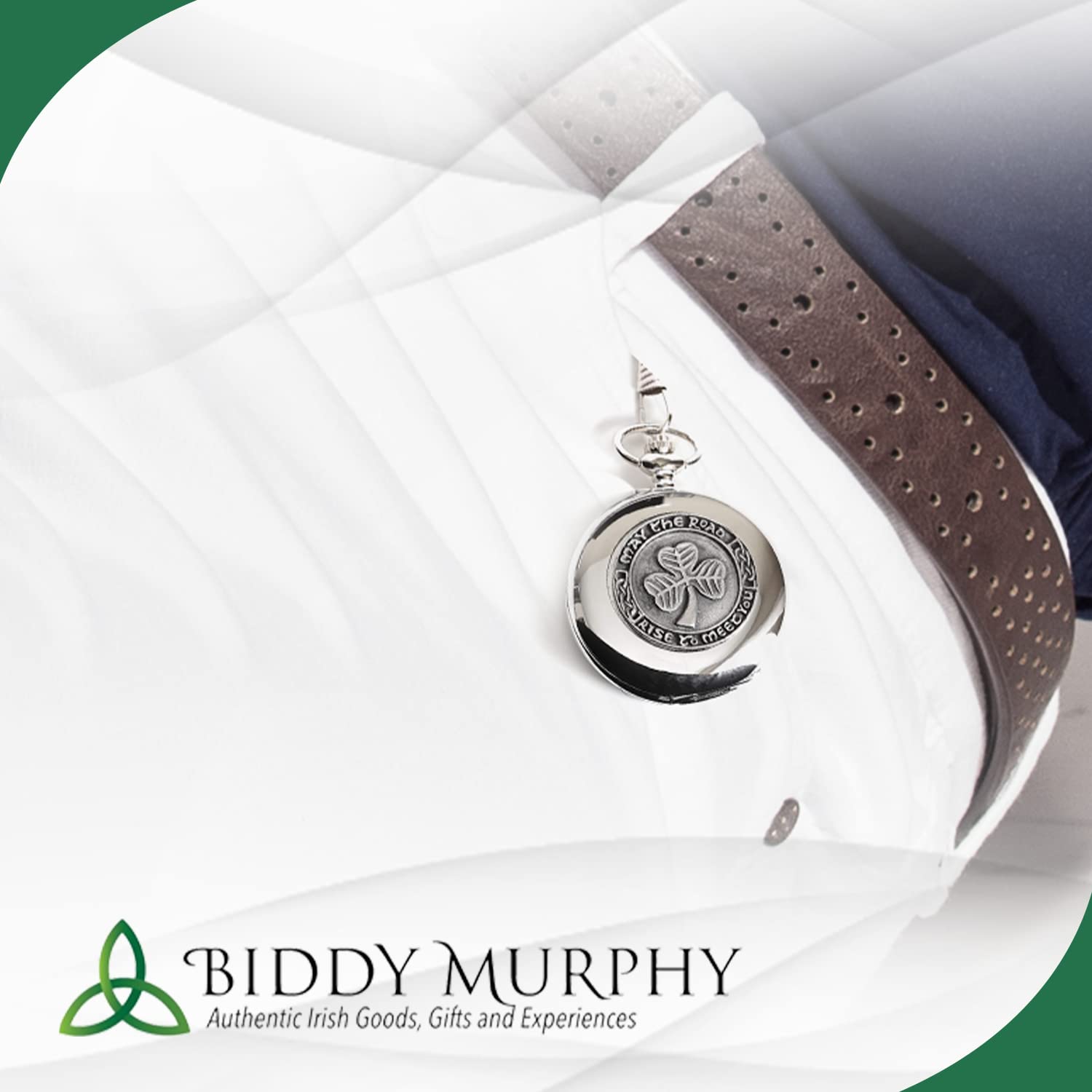Irish Shamrock Pocket Watch – Pewter Medallion, Stainless Steel Case & Chain