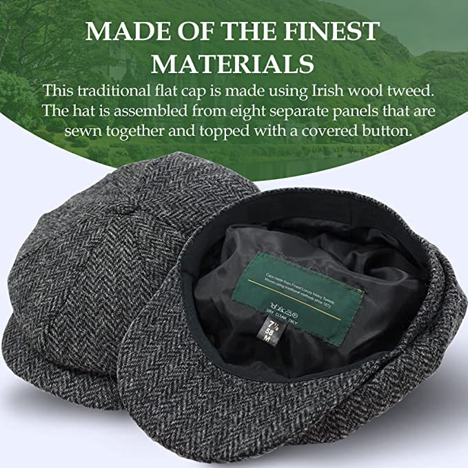 Irish 8-Panel Newsboy Cap, 100% Wool Tweed Brown Herringbone Flat Hat
