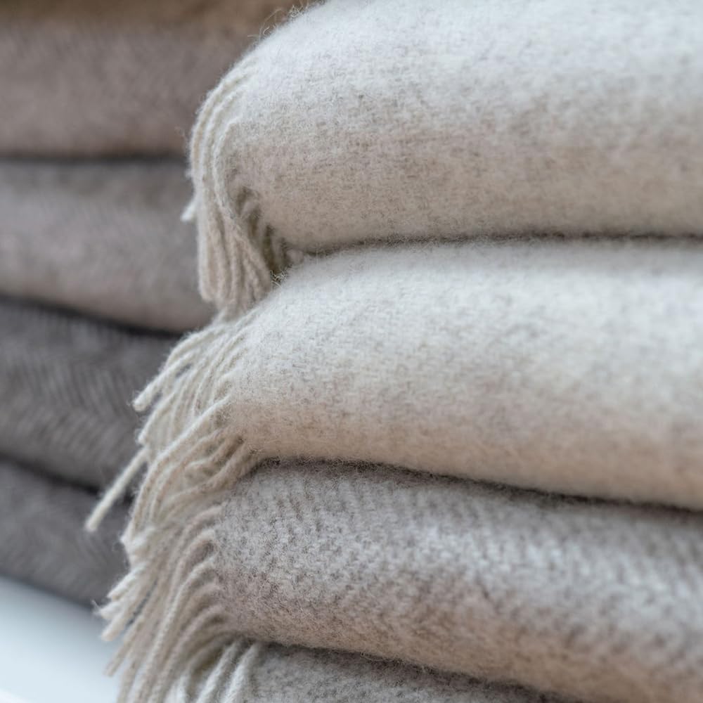 54" x 71" Merino Cashmere Wool Blend Throw Blanket (Pale Grey & Cream) 95% | 5% Ultra Soft Herringbone Pattern