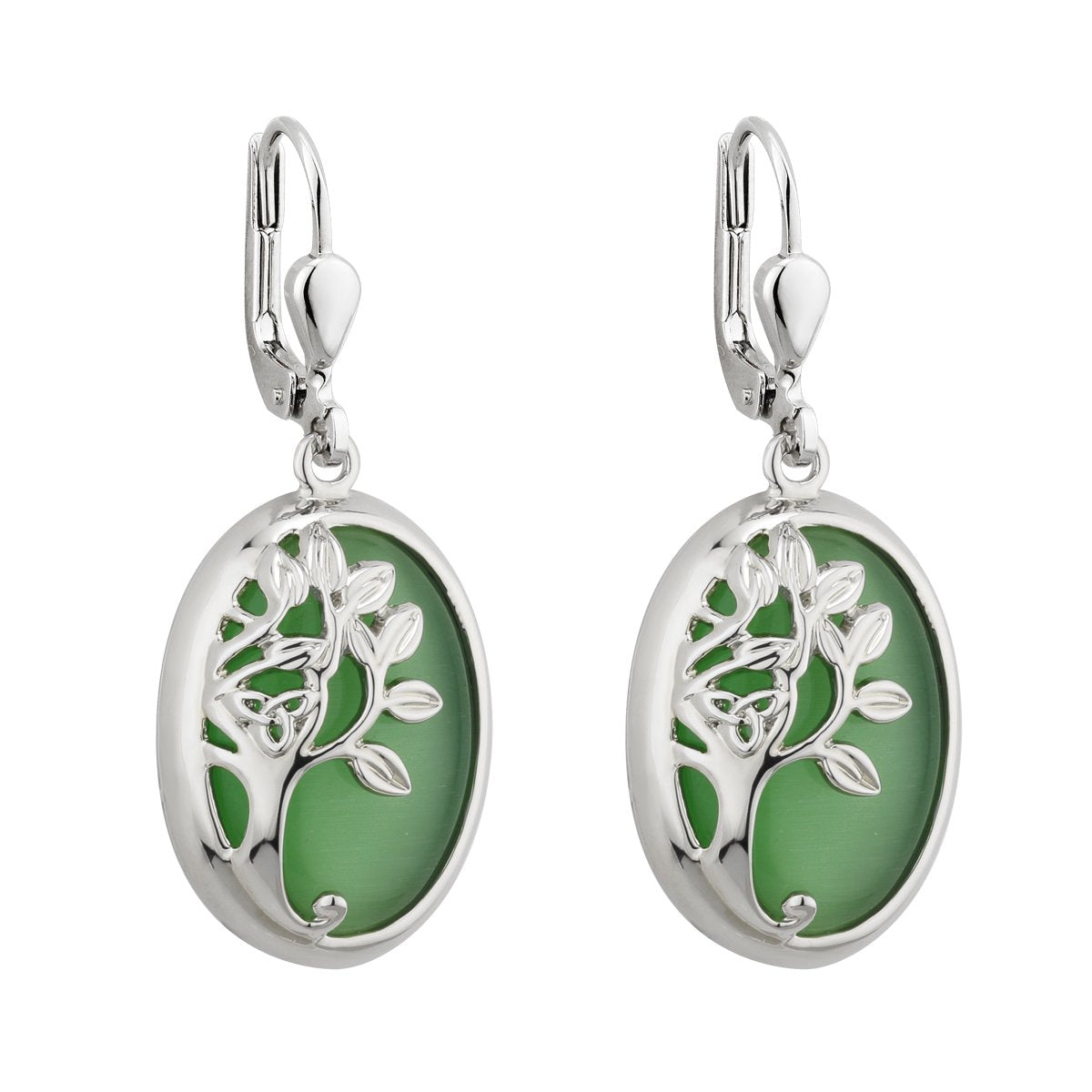 Irish Green Tree of Life Drop Earrings in Rhodium