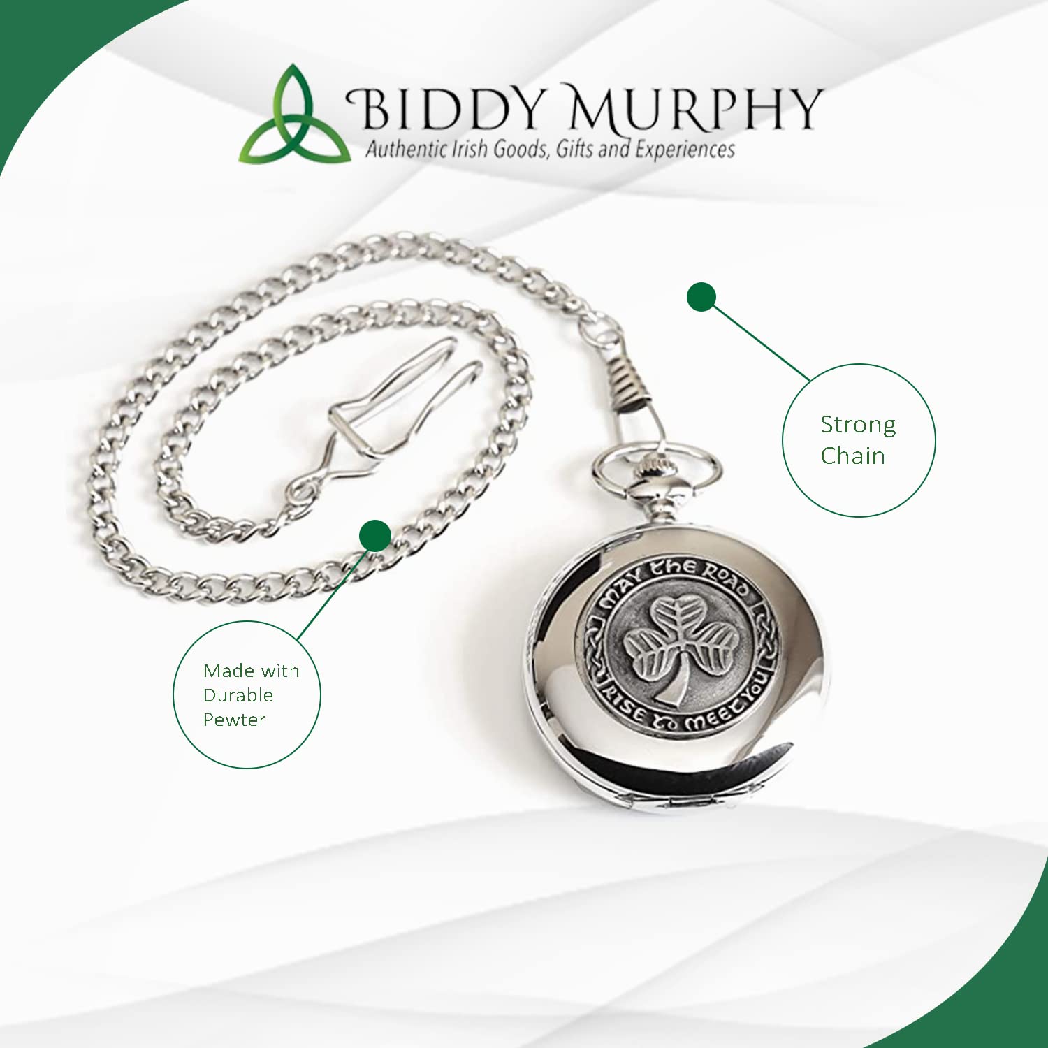 Irish Shamrock Pocket Watch – Pewter Medallion, Stainless Steel Case & Chain