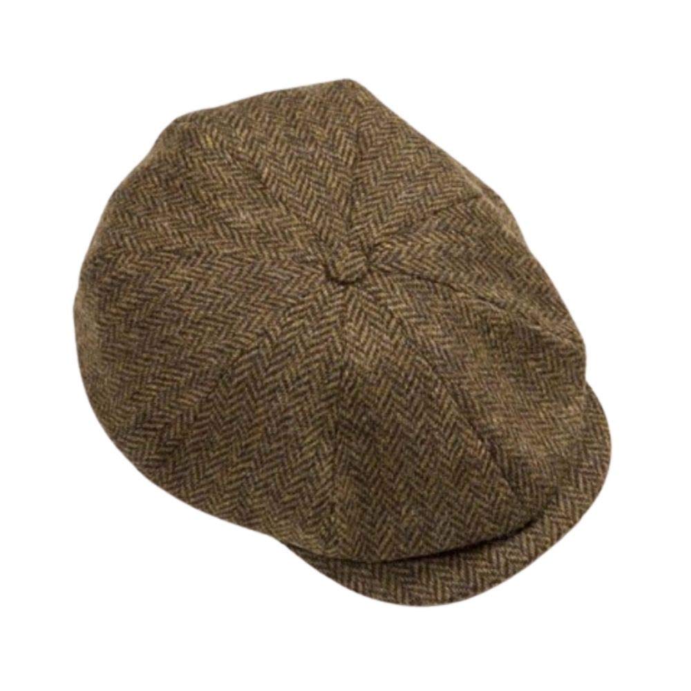 Irish 8-Panel Newsboy Cap, 100% Wool Tweed Brown Herringbone Flat