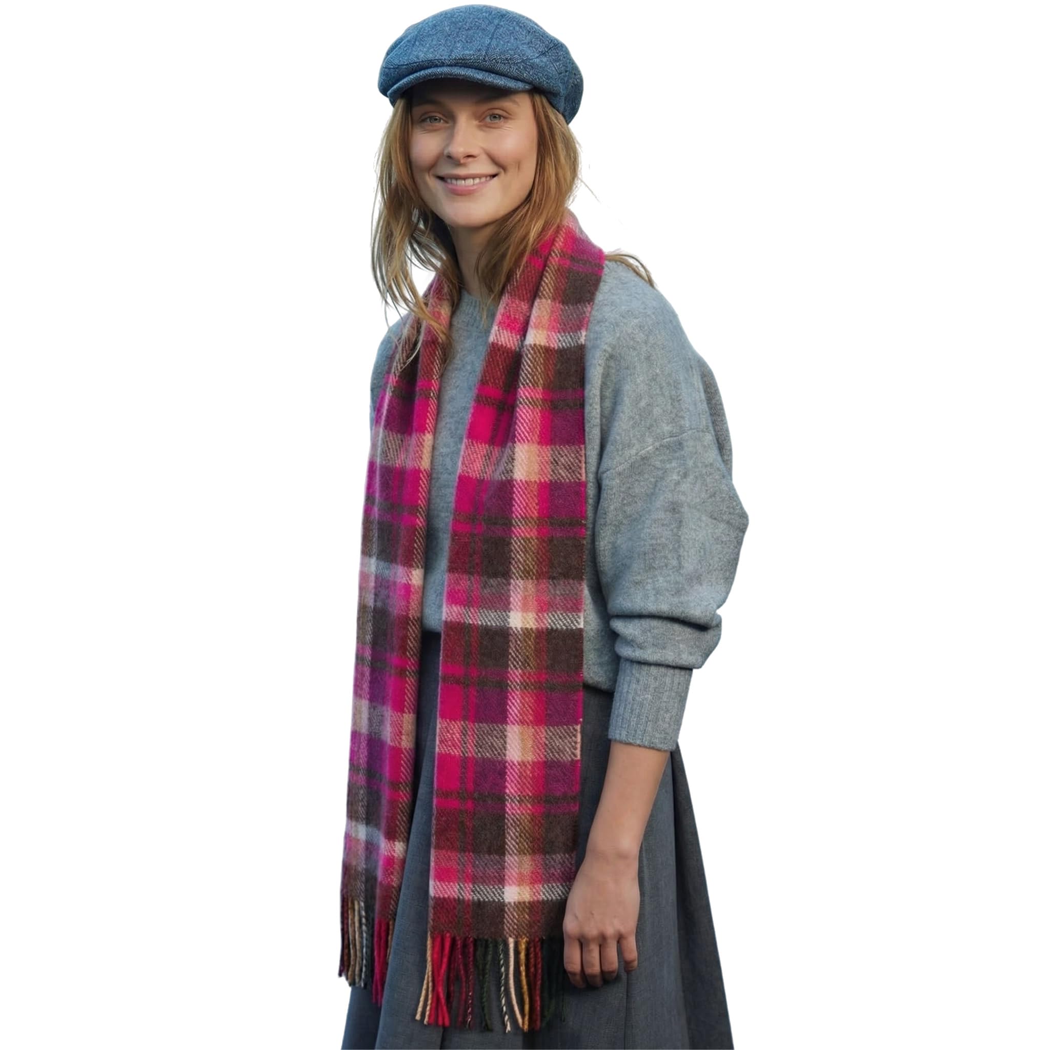 100% Irish Wool Scarf - Pink Maroon Check Tartan Plaid, 9" x 78", Made in Ireland