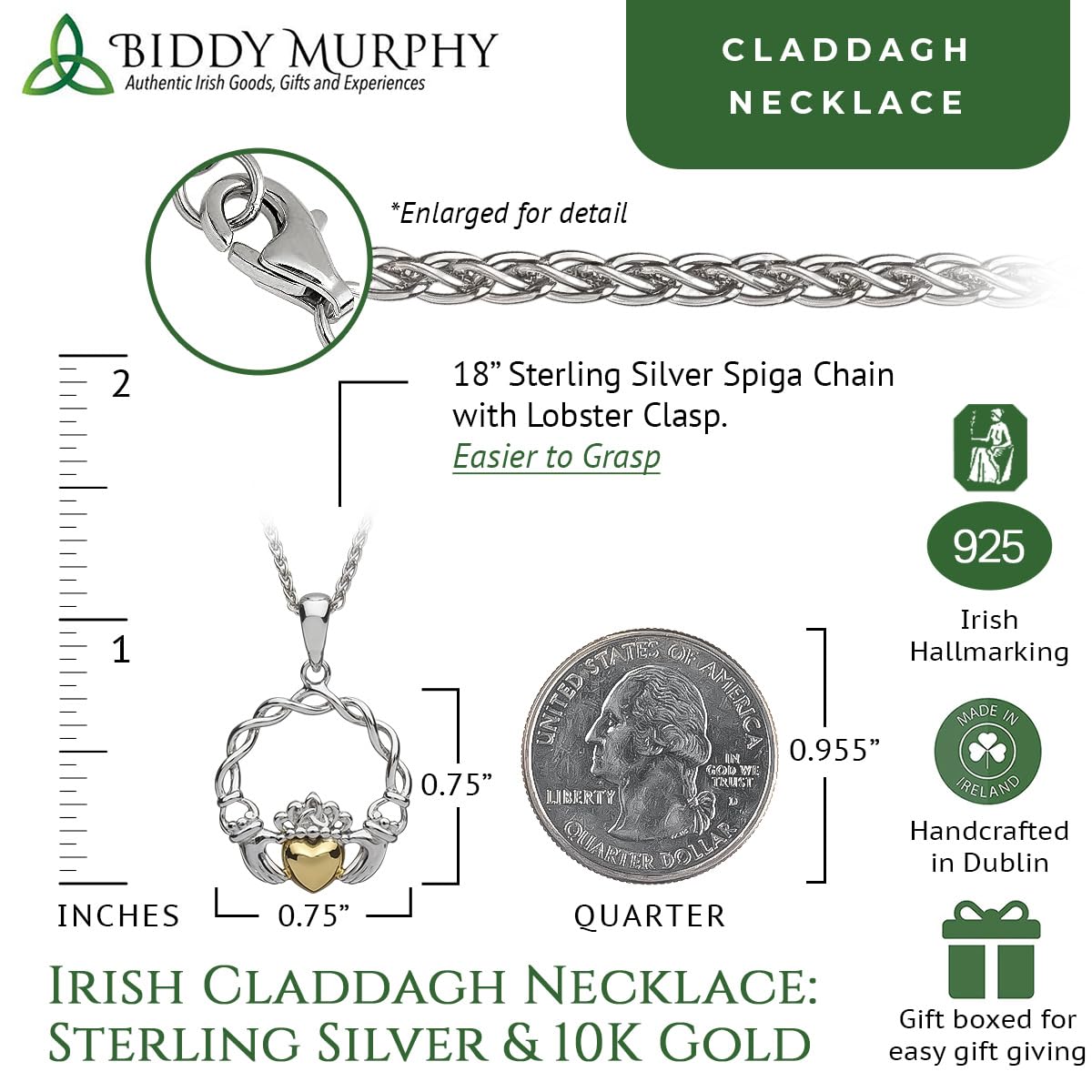 Sterling Silver & 10K Gold Irish Claddagh Necklace