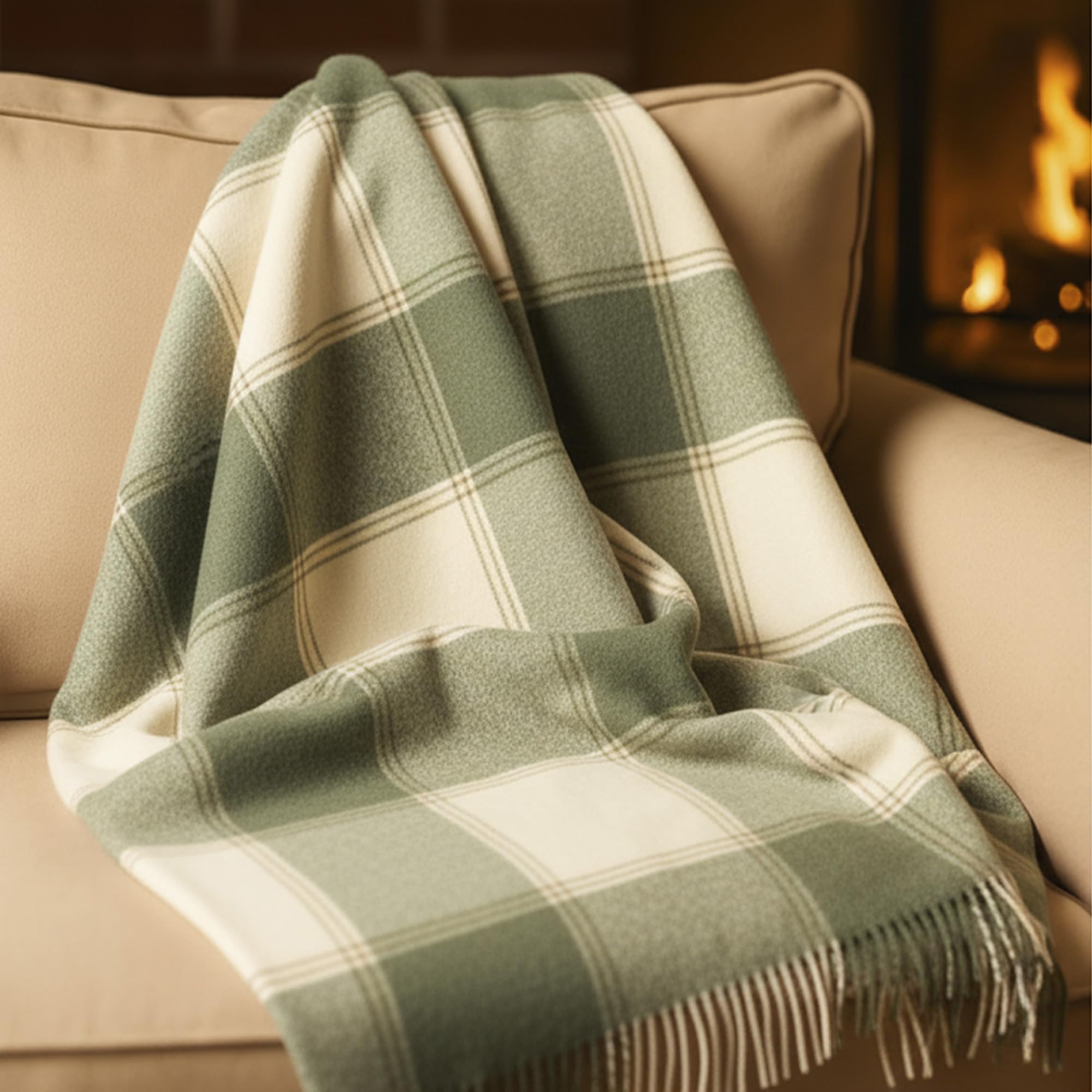 100% Irish Wool Tartan Throw Blanket - Cream & Green Plaid (54" x 71")