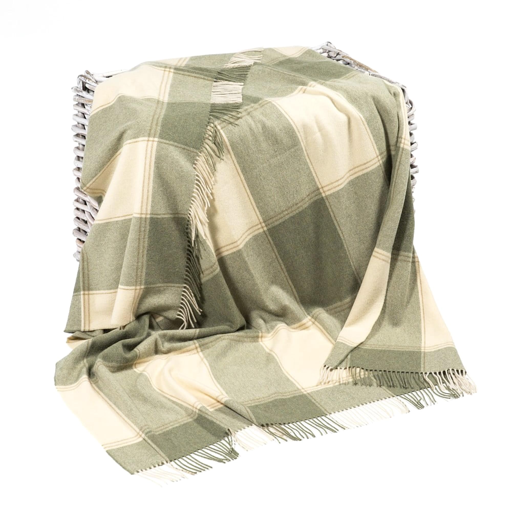 100% Irish Wool Tartan Throw Blanket - Cream & Green Plaid (54" x 71")
