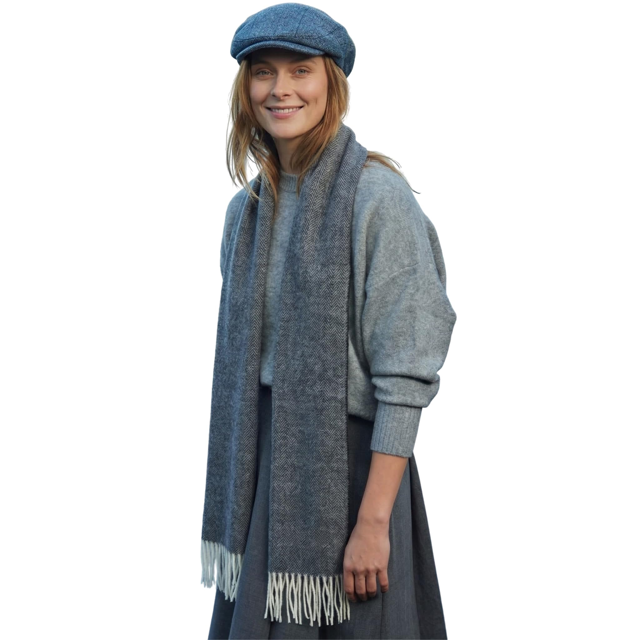 100% Irish Wool Scarf - Charcoal Herringbone, 9" x 78", Made in Ireland