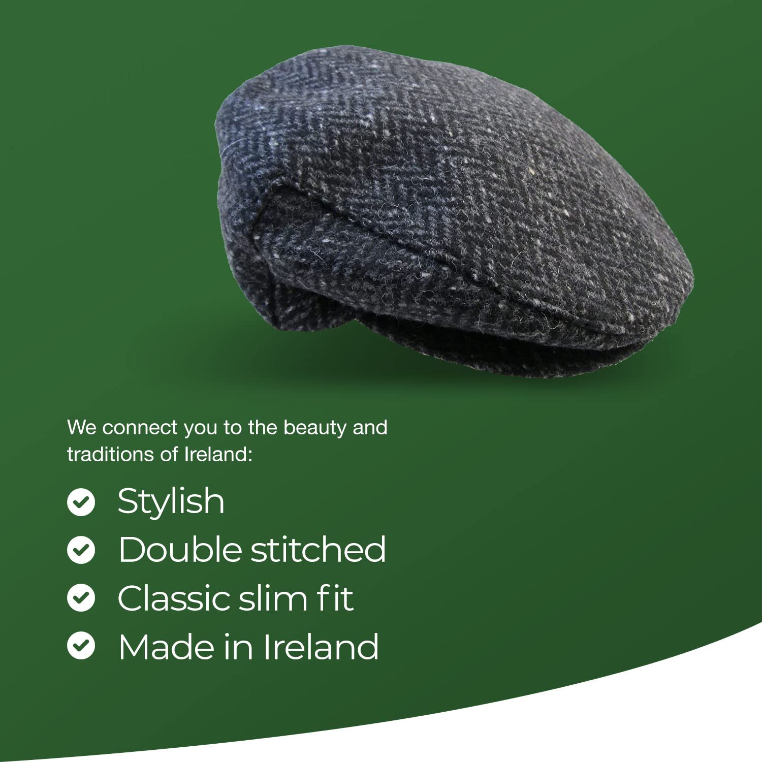 Irish Tweed Flat Cap - Solid Black 100% Wool Vintage Hat