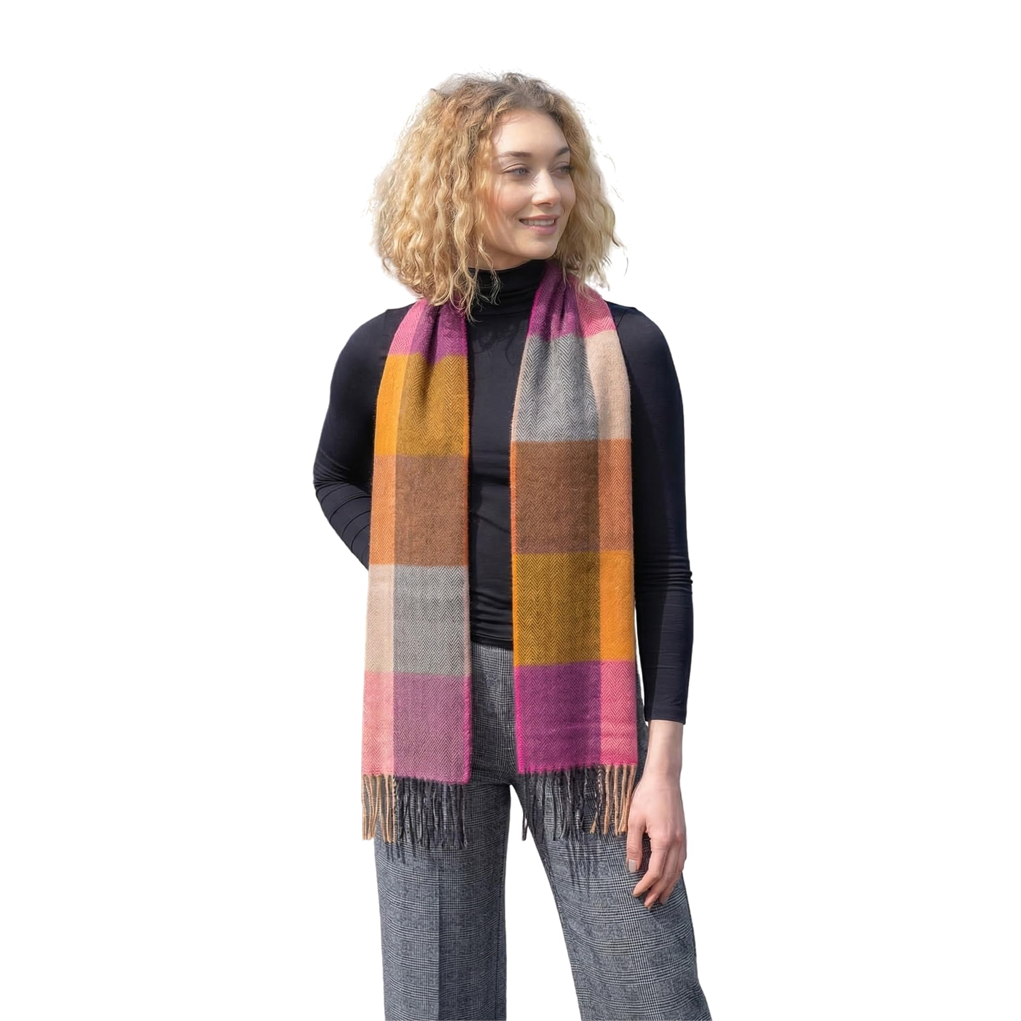 100% Brushed Merino Wool Scarf - Beige Rust Pink Tartan Plaid, 12" x 71", Made in Ireland