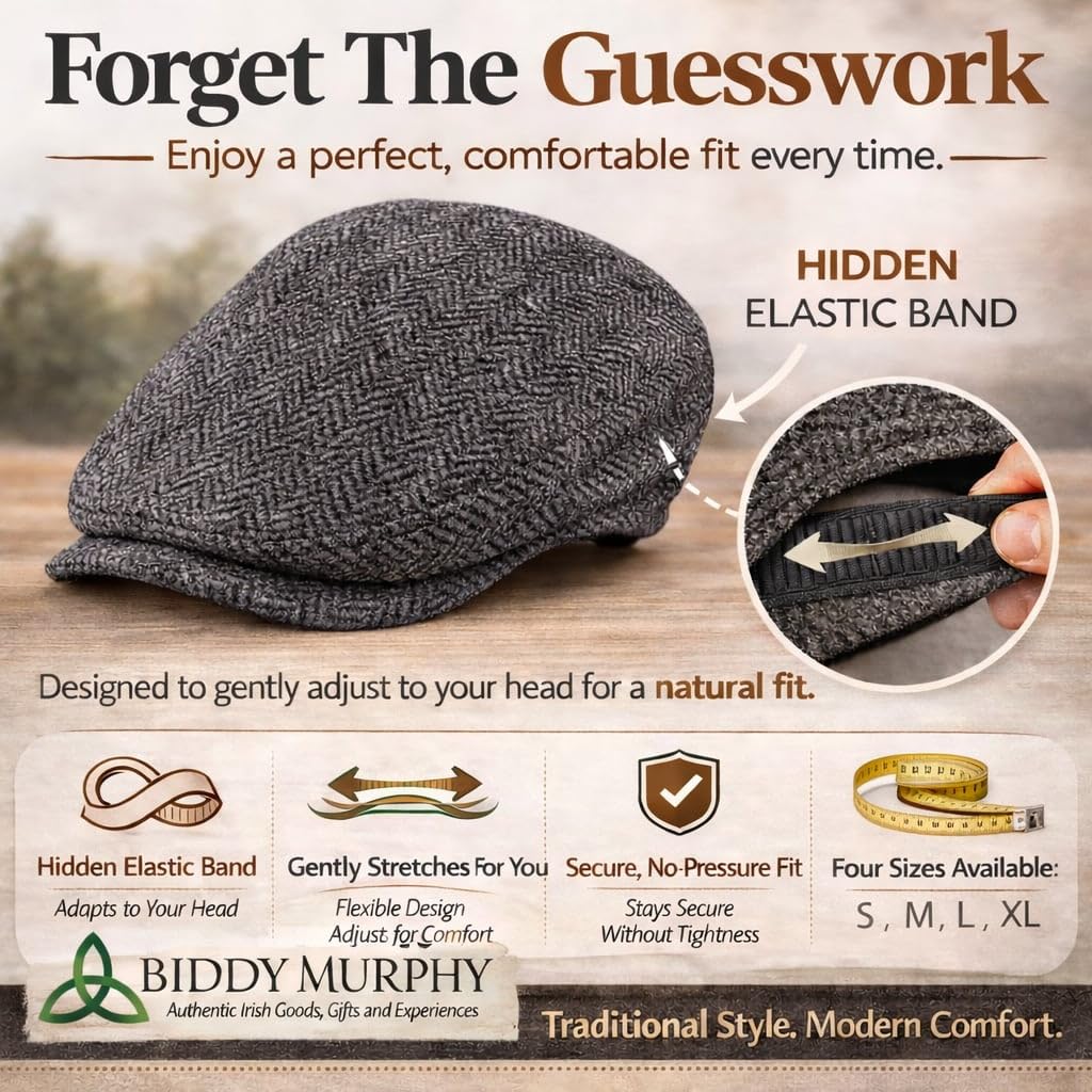 Self-Adjusting Irish Wool Driving Cap – Charcoal Black Comfort Fit Flat Hat