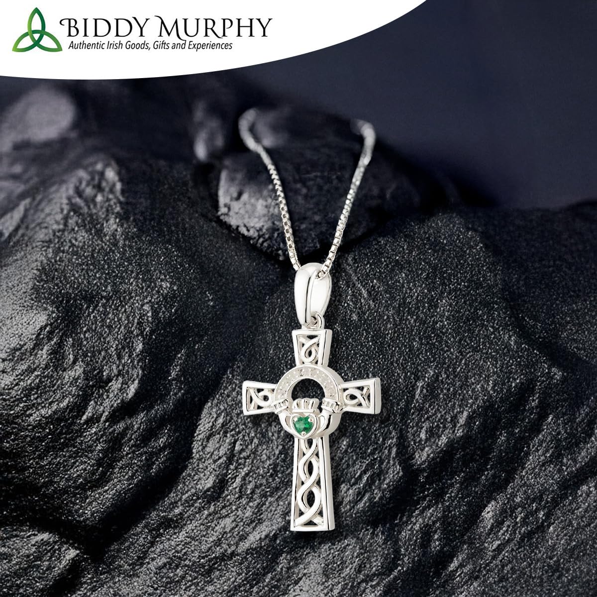 Sterling Silver Irish Claddagh Celtic Cross Necklace with Green Crystal