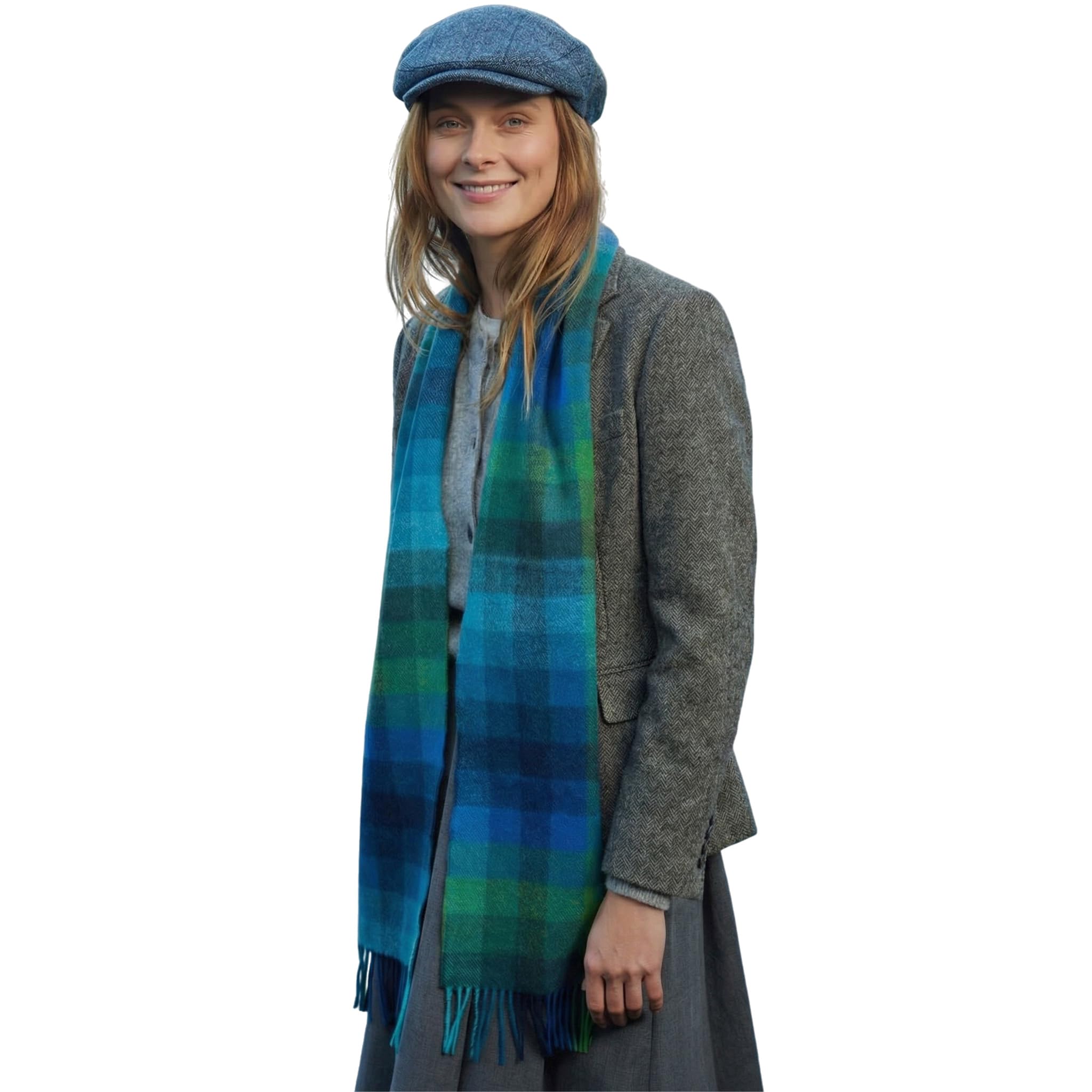 100% Irish Wool Scarf - Turquoise Green Blue Block Tartan Plaid, 9" x 78", Made in Ireland
