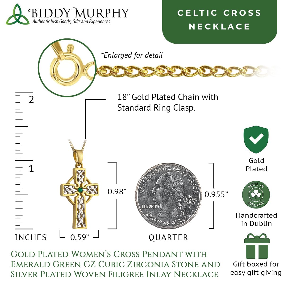 Sterling Silver & Gold-Plated Irish Celtic Cross Necklace with Emerald Zirconia Stone & Filigree Inlay