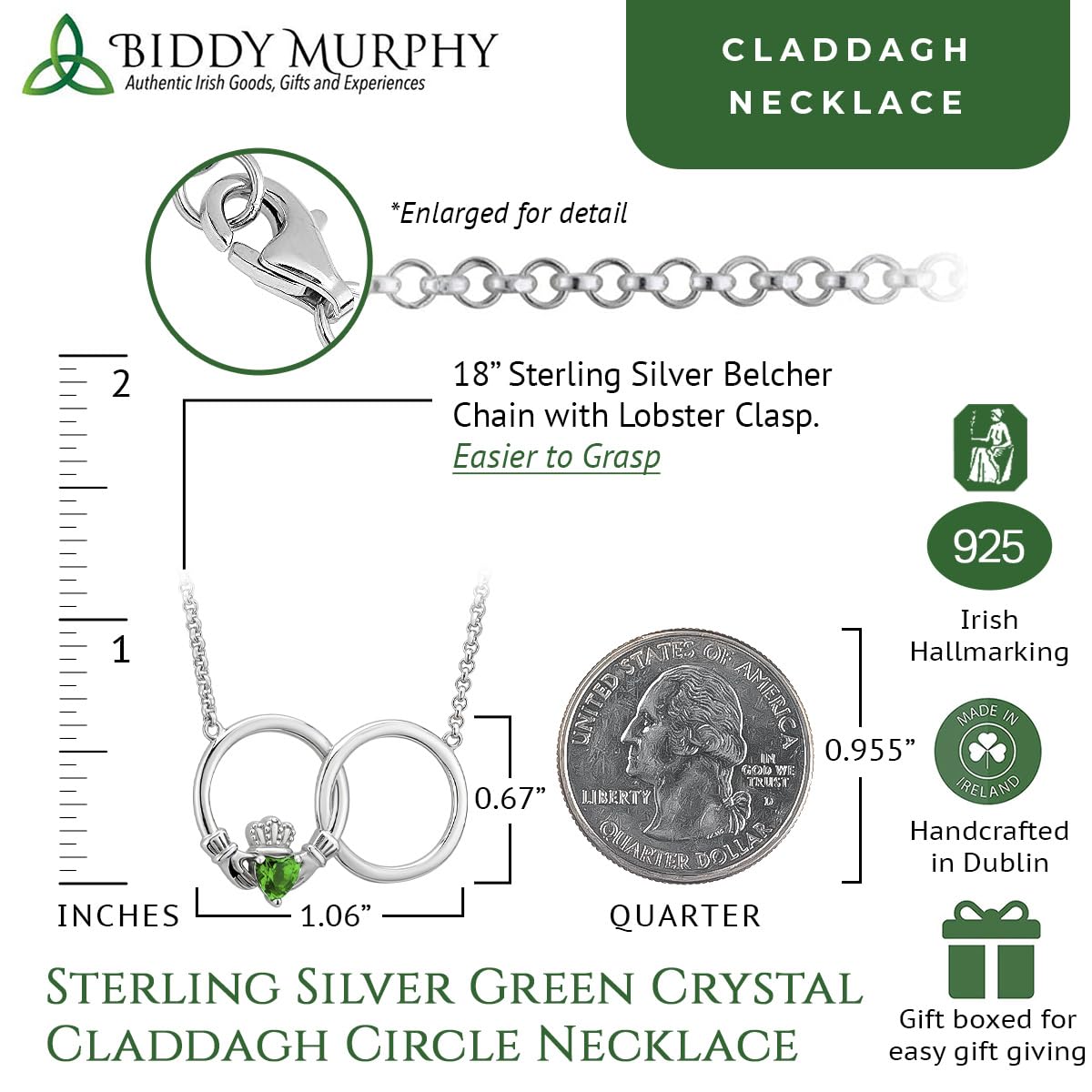 Women's Sterling Silver Claddagh Necklace with Green Crystal Heart