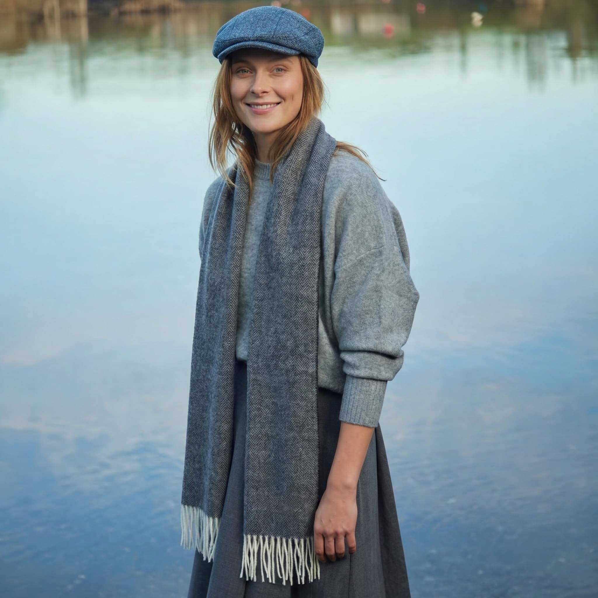 100% Irish Wool Scarf - Charcoal Herringbone, 9" x 78", Made in Ireland