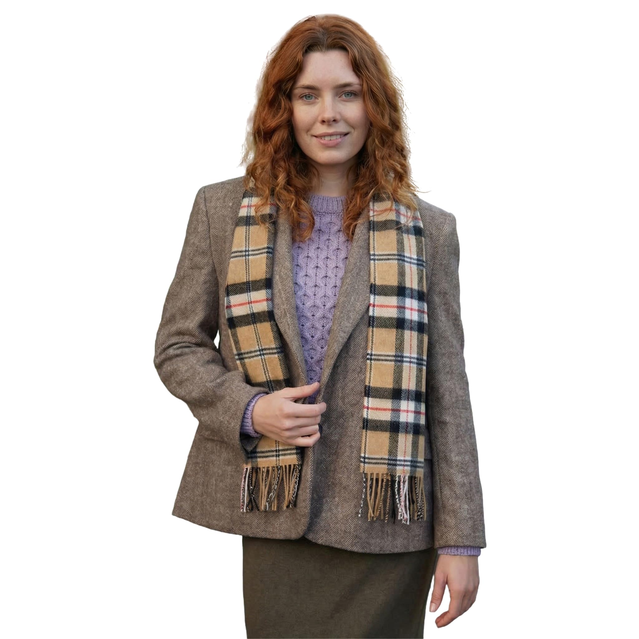 100% Irish Wool Scarf - Camel of Merrick Tartan Plaid, 12" x 60", Made in Ireland