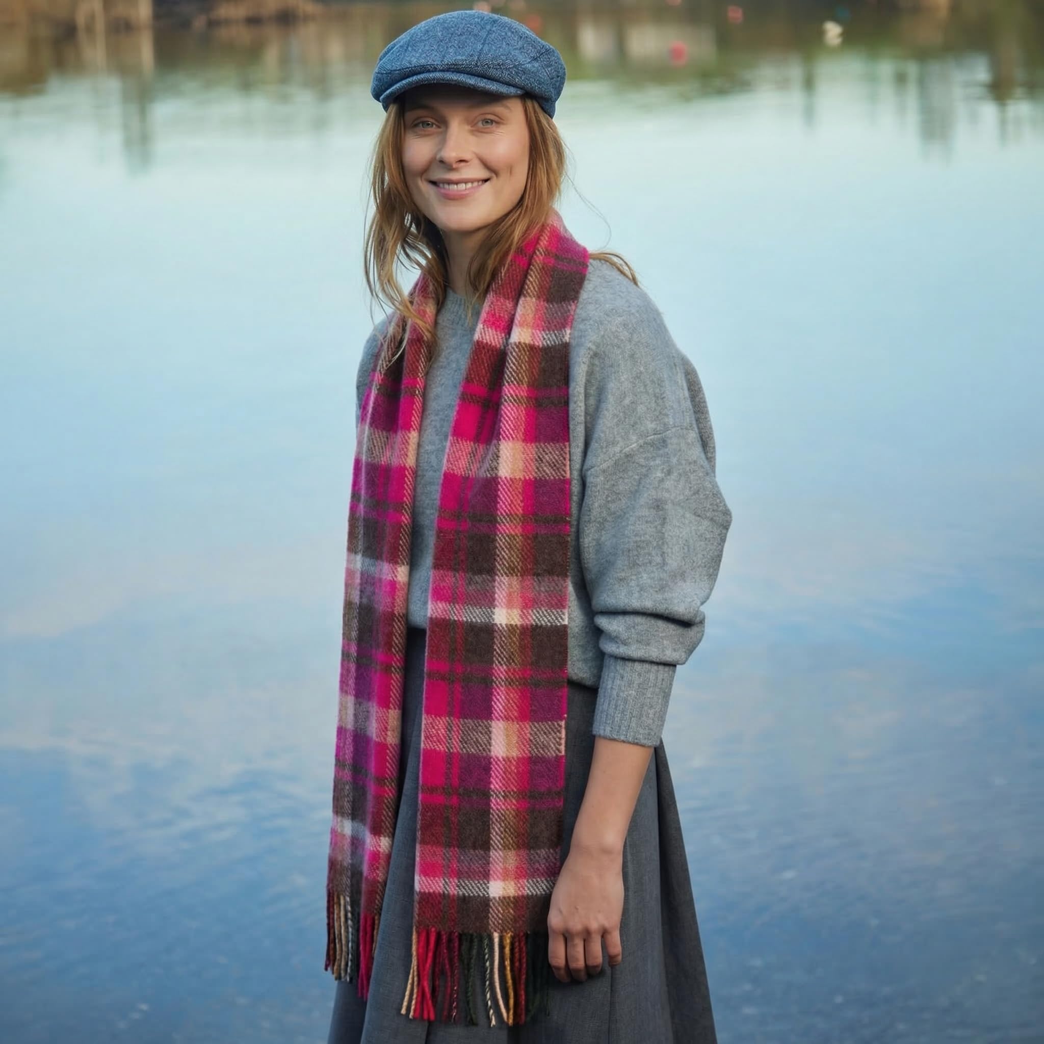 100% Irish Wool Scarf - Pink Maroon Check Tartan Plaid, 9" x 78", Made in Ireland
