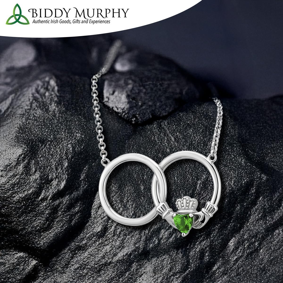 Women's Sterling Silver Claddagh Necklace with Green Crystal Heart