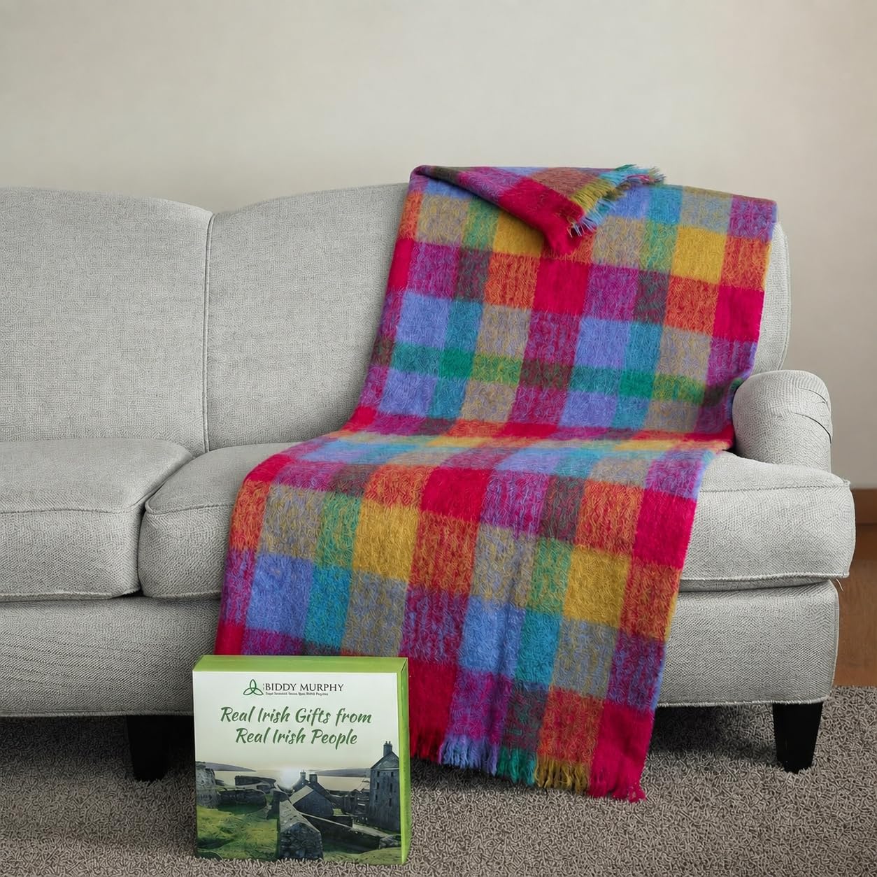 Irish Mohair Throw Blanket - Pink/Mustard/Purple/Aqua Tartan Plaid, 70% Mohair Wool Blend (54" x 72")