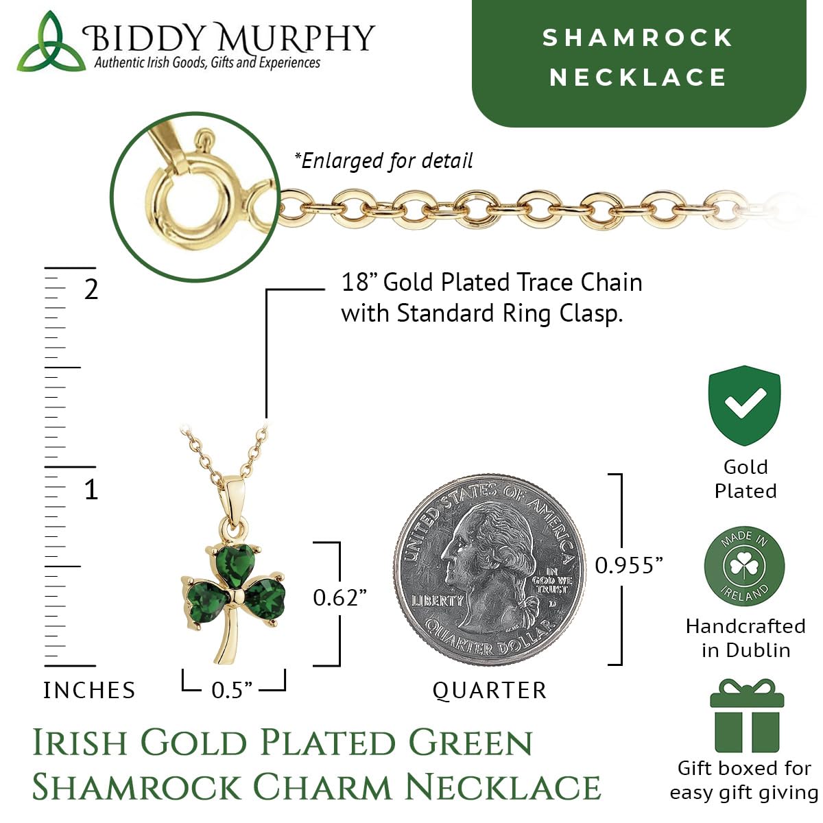 Irish Gold Plated Green Shamrock Charm Necklace - Lucky Emerald Green Celtic Jewelry