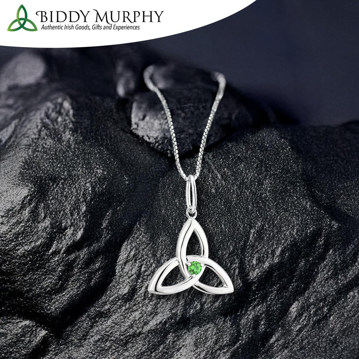 Irish Sterling Silver Green Crystal Trinity Knot Pendant Necklace for Women - 18" Chain