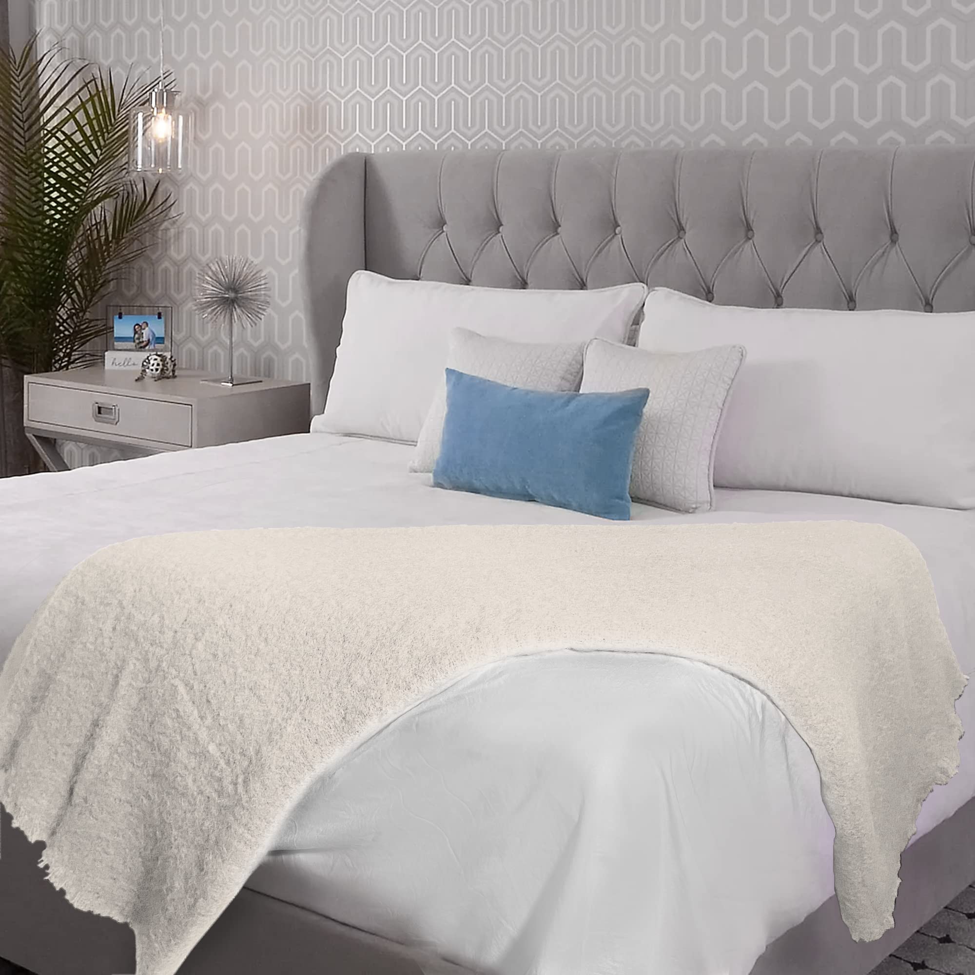 Irish Mohair Throw Blanket - Solid White, 70% Mohair Wool Blend (54" x 72")