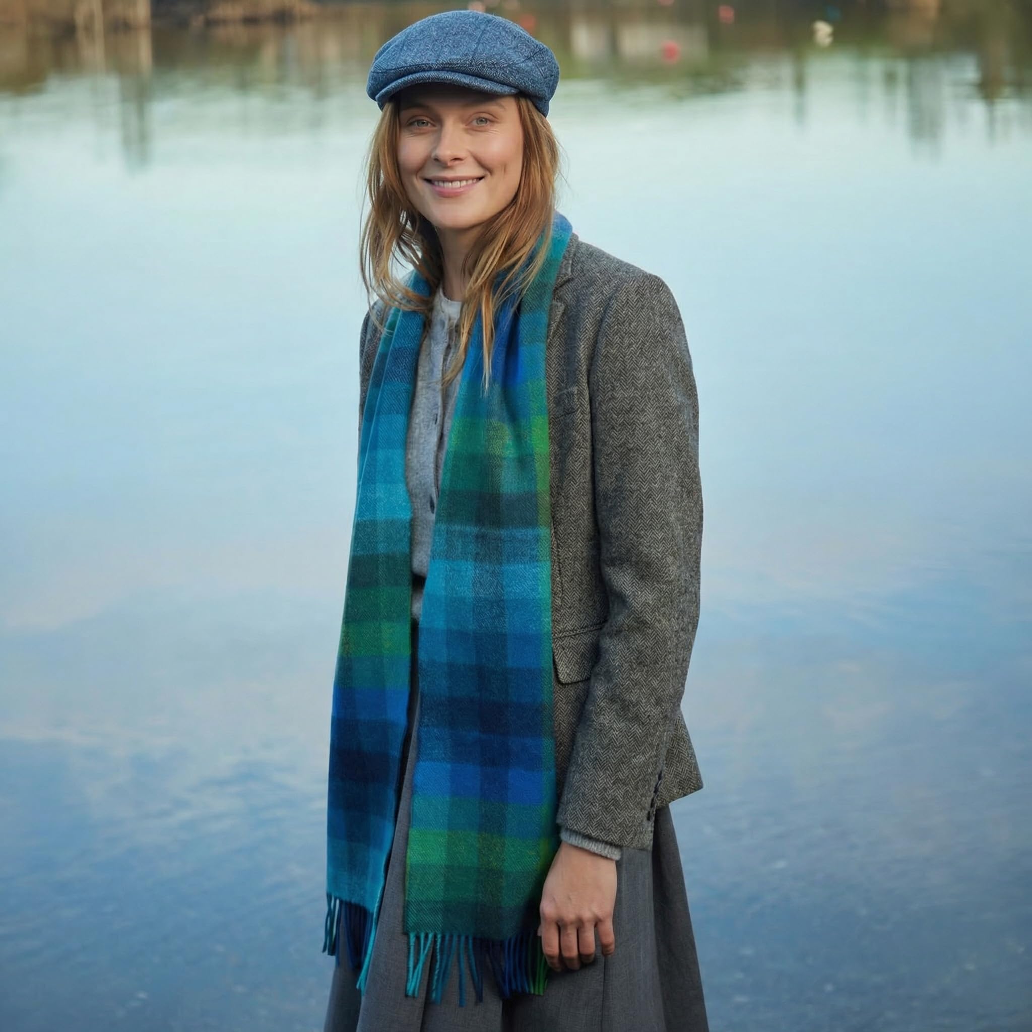 100% Irish Wool Scarf - Turquoise Green Blue Block Tartan Plaid, 9" x 78", Made in Ireland
