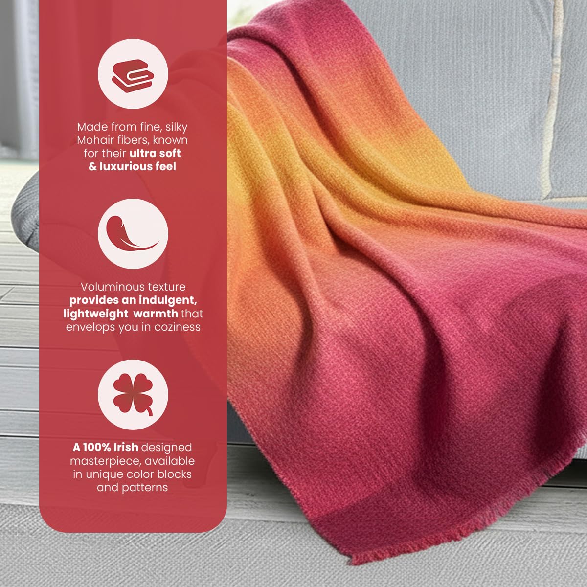 Irish Mohair Throw Blanket - Pink/Yellow/Purple Tartan Plaid, 70% Mohair Wool Blend (54" x 72")
