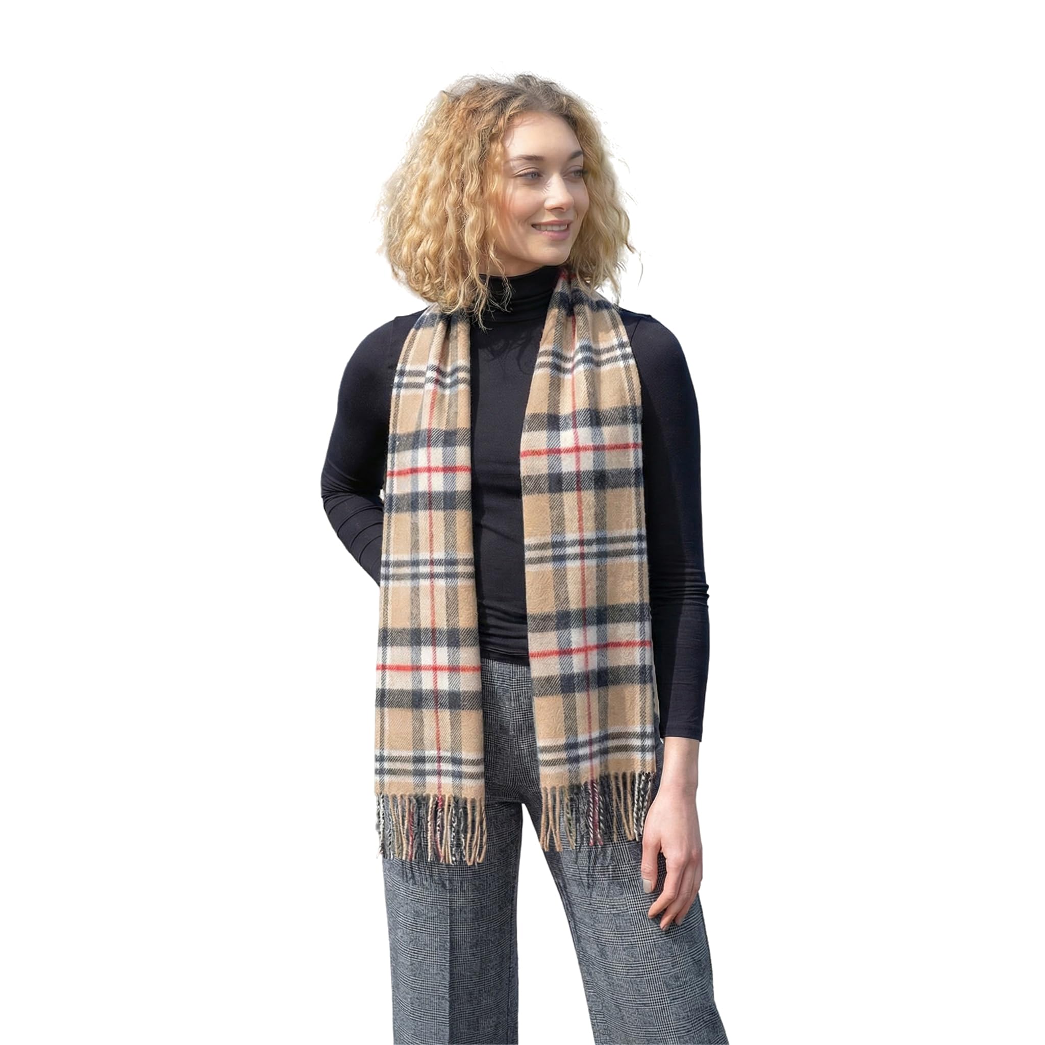 100% Brushed Merino Wool Scarf - Beige Black Red Tartan Plaid, 12" x 71", Made in Ireland