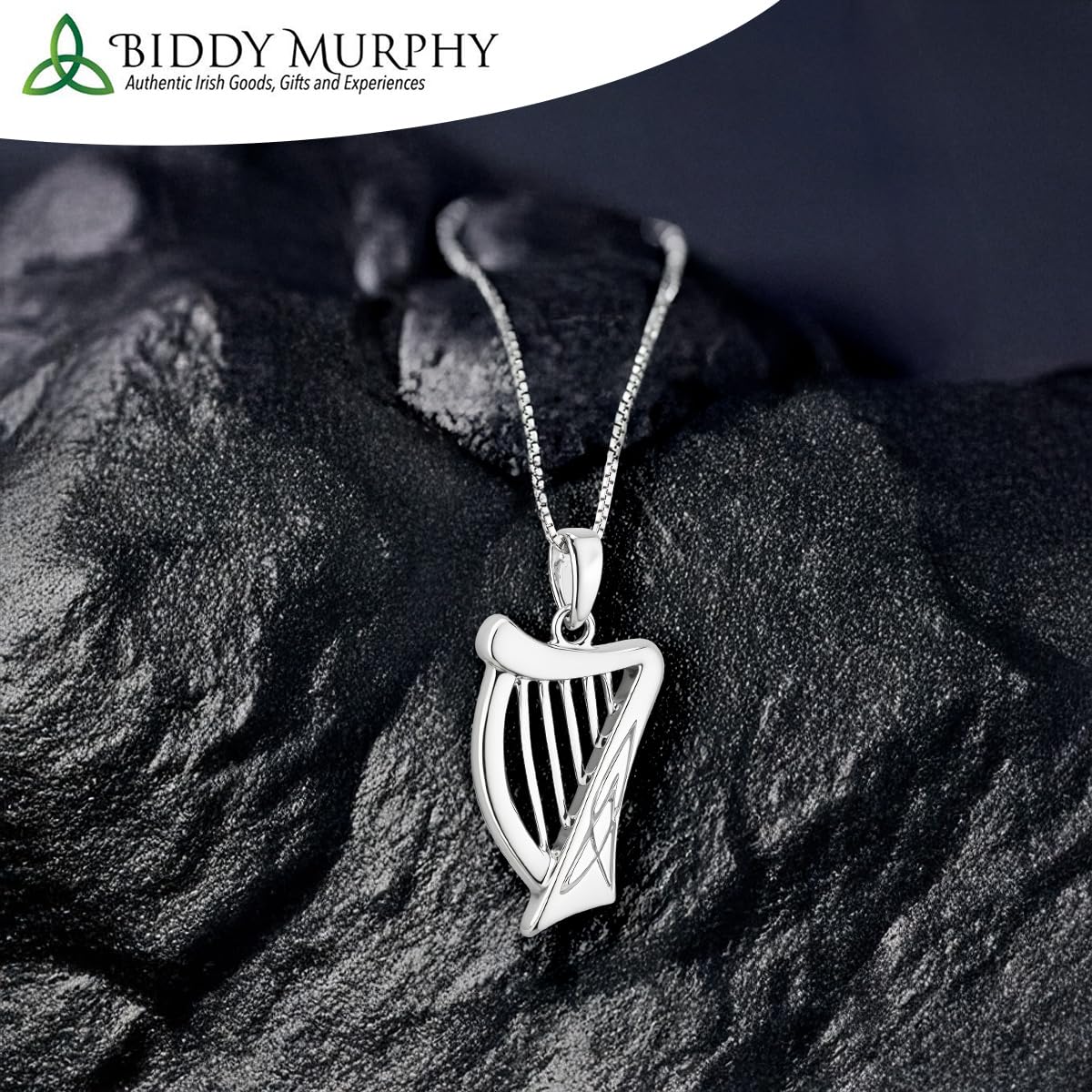 Irish Sterling Silver Harp Pendant Necklace for Women (18" Chain) - Traditional Celtic Jewelry