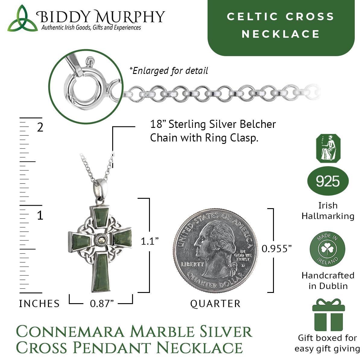 Sterling Silver Irish Celtic Cross Necklace with Connemara Marble