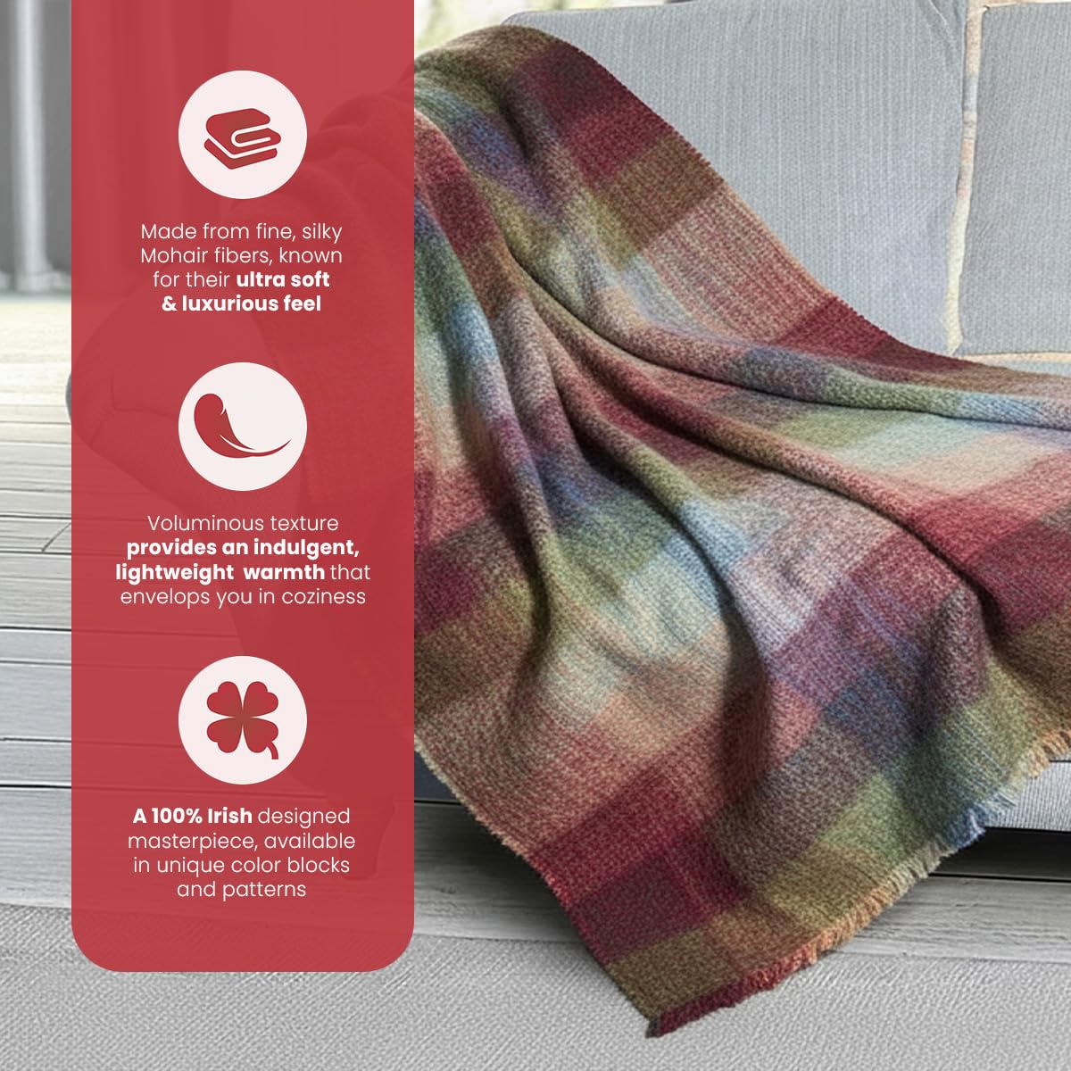 Irish Mohair Throw Blanket - Watercolour Monet Tartan Plaid, 70% Mohair Wool Blend (54" x 72")