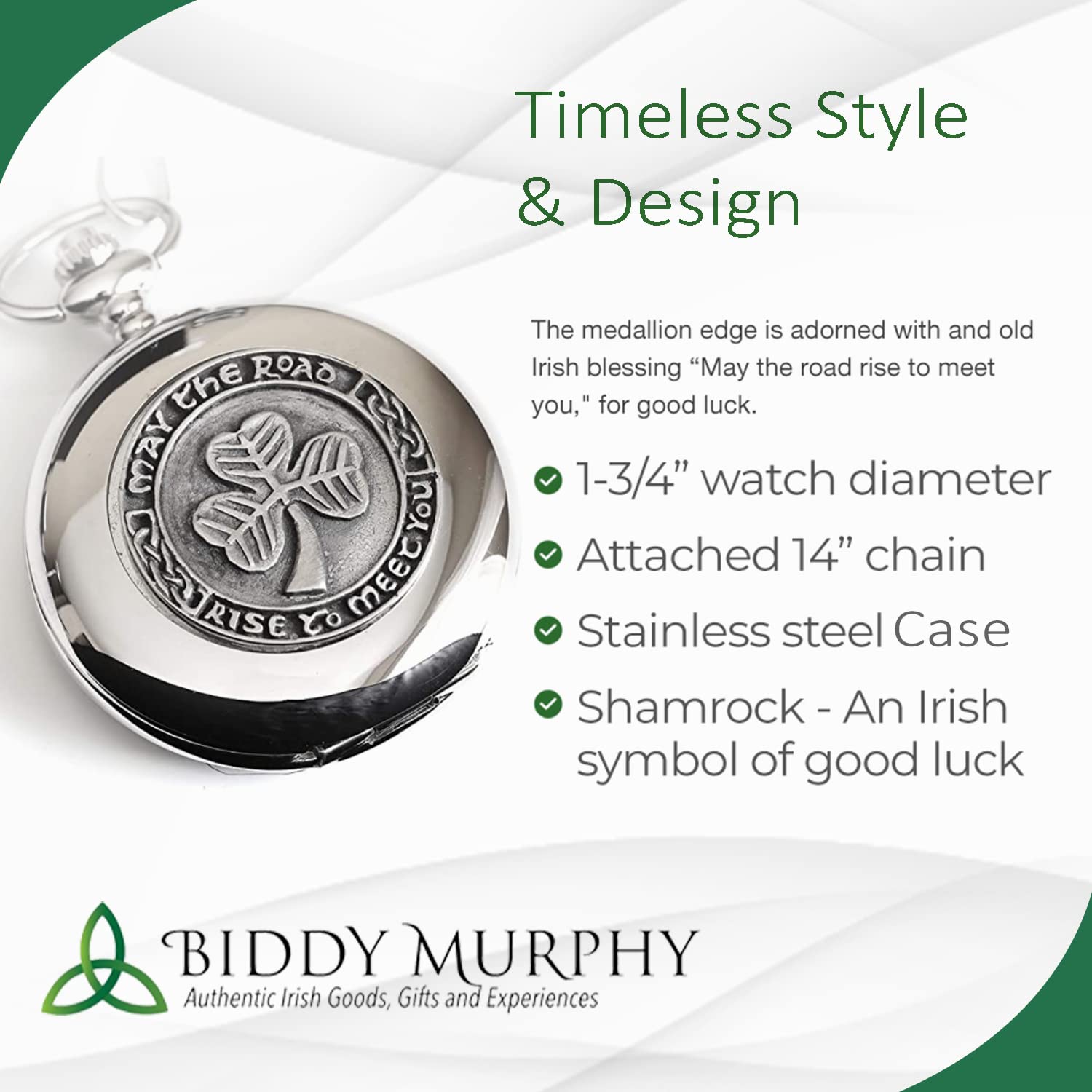 Irish Shamrock Pocket Watch – Pewter Medallion, Stainless Steel Case & Chain