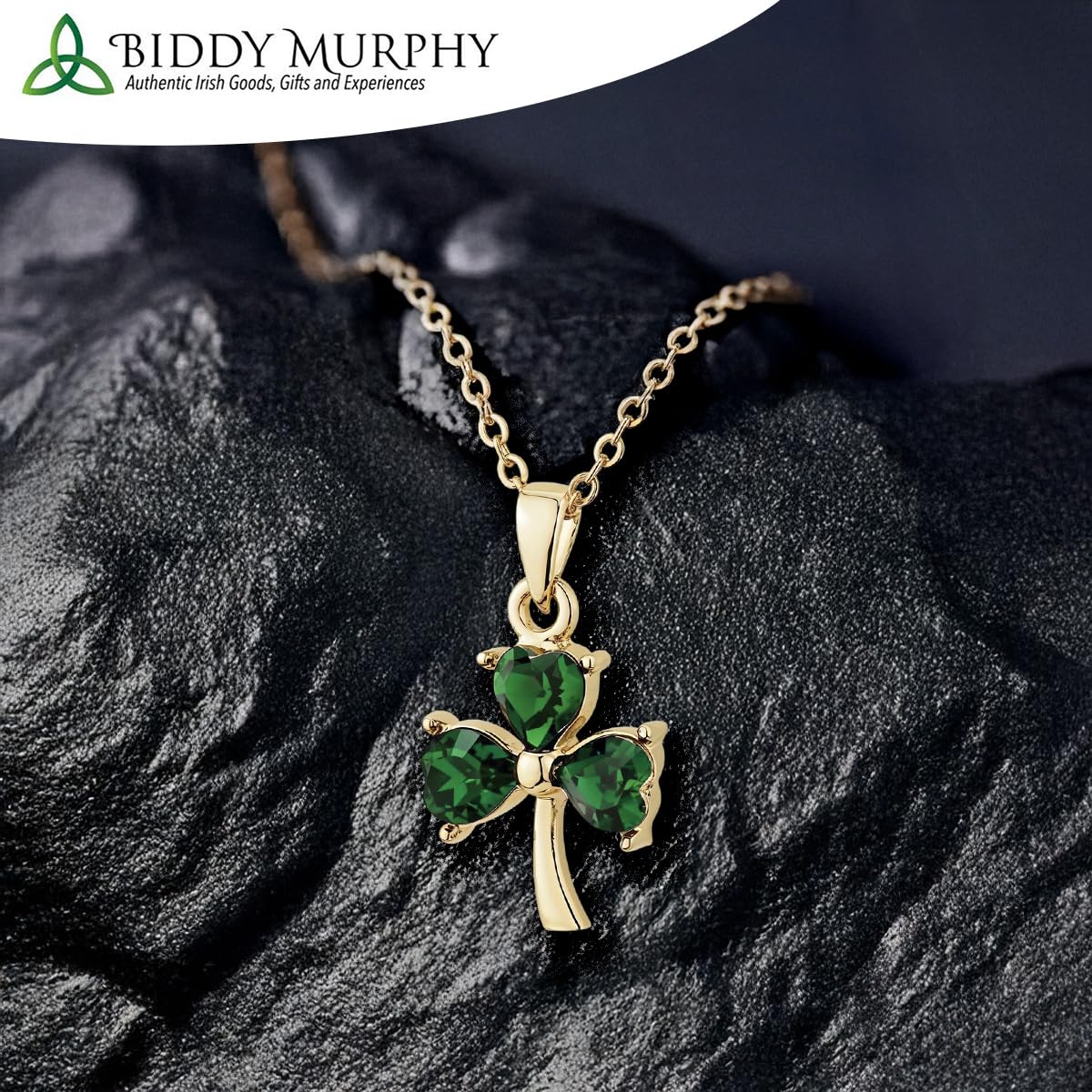Irish Gold Plated Green Shamrock Charm Necklace - Lucky Emerald Green Celtic Jewelry
