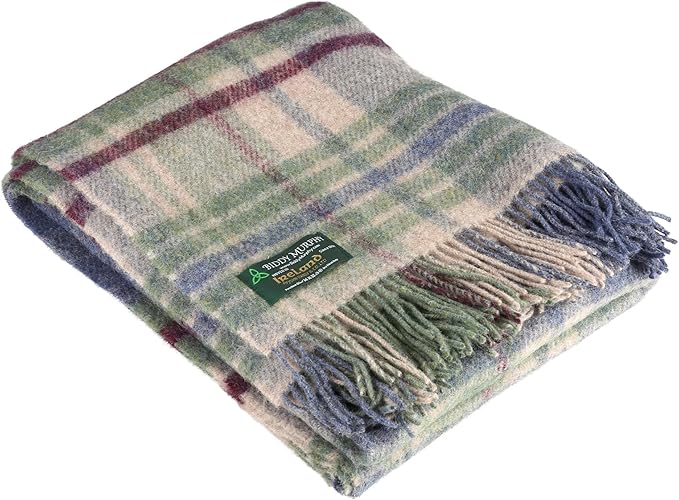 100% Irish Wool Tartan Throw Blanket - Denim Blue, Green & Burgundy, 54" x 72"
