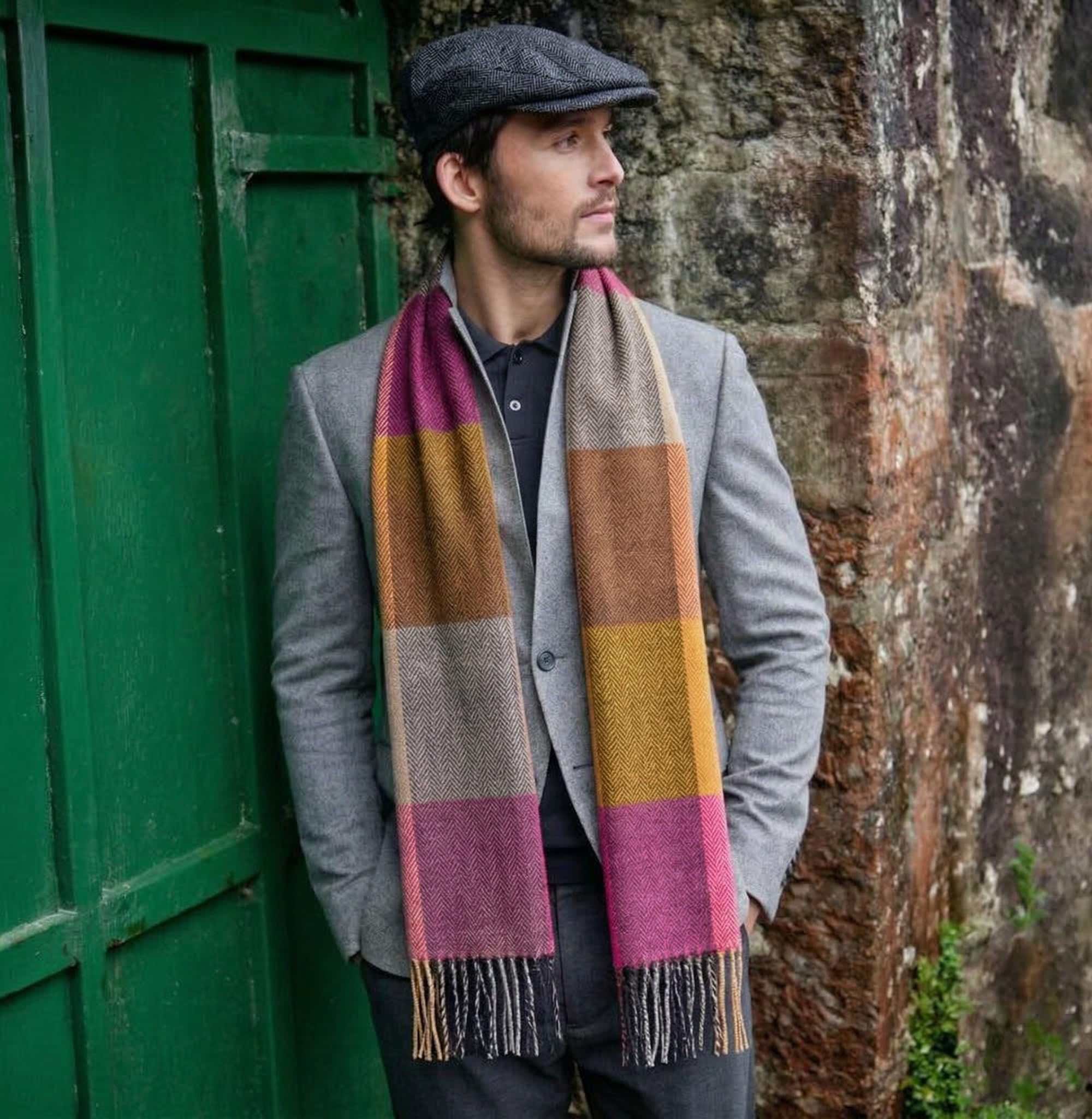 100% Brushed Merino Wool Scarf - Beige Rust Pink Tartan Plaid, 12" x 71", Made in Ireland