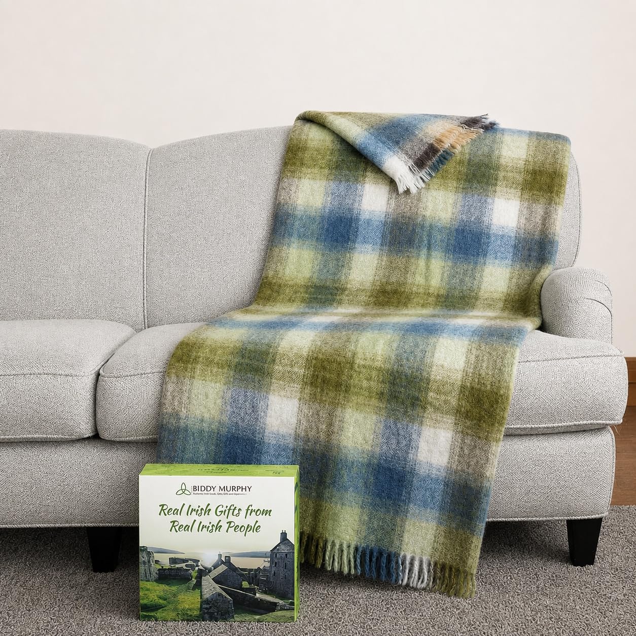 Irish Mohair Throw Blanket - Cream/Pale Blue/Green/Gray Tartan Plaid, 70% Mohair Wool Blend (54" x 72")